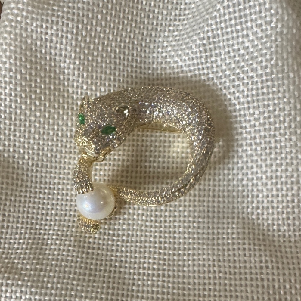 Gold Panther Brooch with Pearl and Green Eyes